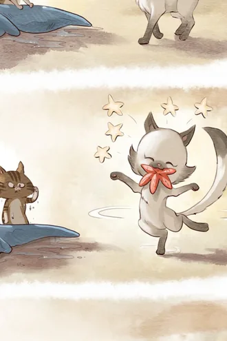 Una gata siamesa baila feliz con una estrella de mar en la boca mientras un gato atigrado la mira