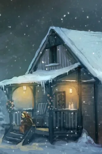 Una casa de madera cubierta de nieve en una noche de invierno, con faroles encendidos