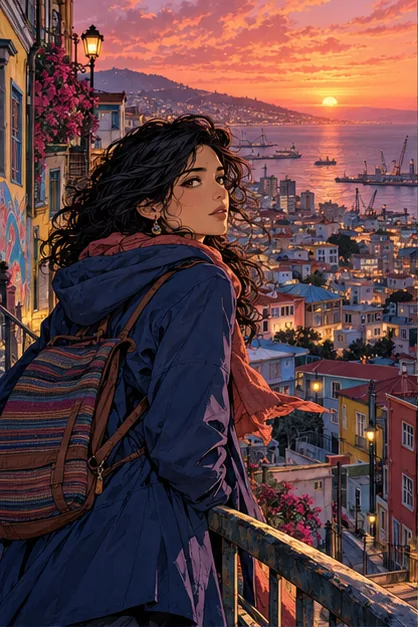 Exploradora sobre los cerros de Valparaíso al atardecer