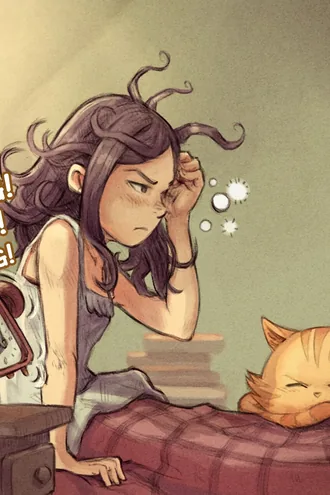 Pimienta, con el pelo revuelto, despierta de mal humor por el despertador mientras su gato Zanahoria duerme a su lado