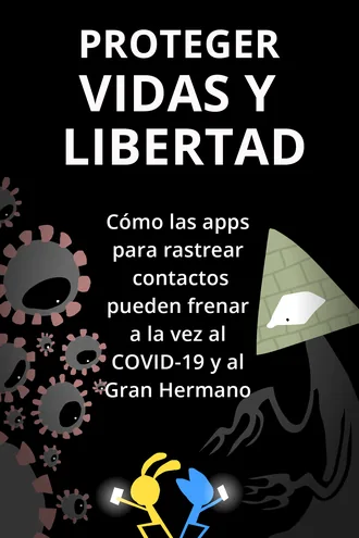 Portada: dos personajes con teléfonos, uno amarillo y otro azul, frente a virus y una figura sombría que representa al Gran Hermano